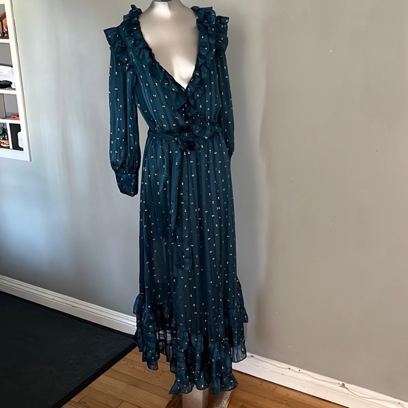 Misa Los Angeles Gabriella Asymmetric Striped Wrap Midi-Dress sheer long sleeve - Picture 3 of 14